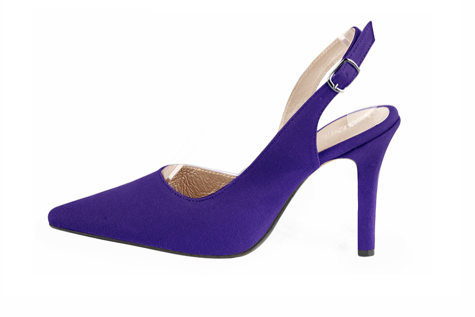 Violet purple women's slingback shoes. Pointed toe. Very high slim heel. Profile view - Florence KOOIJMAN